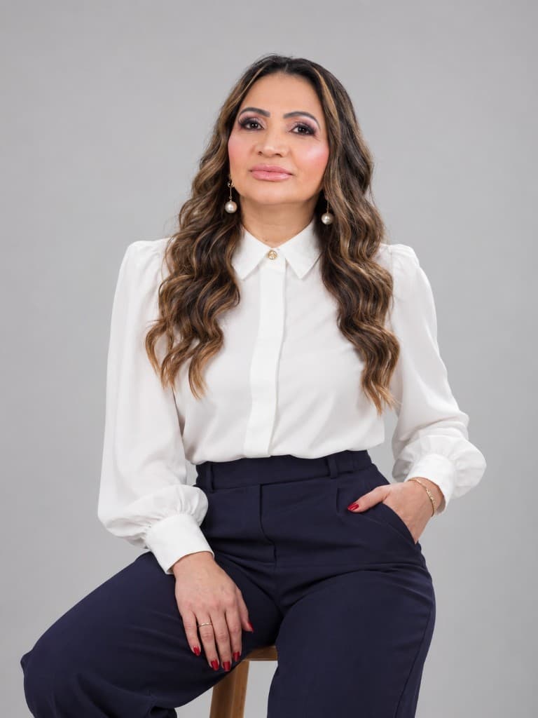 Cícera Ferreira, de camisa branca e calça azul-marinho, sentada em um banco